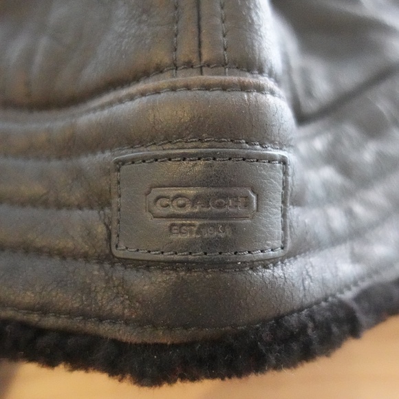 COACH Mens Aviator Motorcycle Hat MEDIUM Black Leather Shearling Vintage USA - Picture 8 of 12